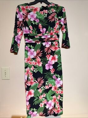 Black Floral Midi Dress with Pink & Green Tropical Print - Women's